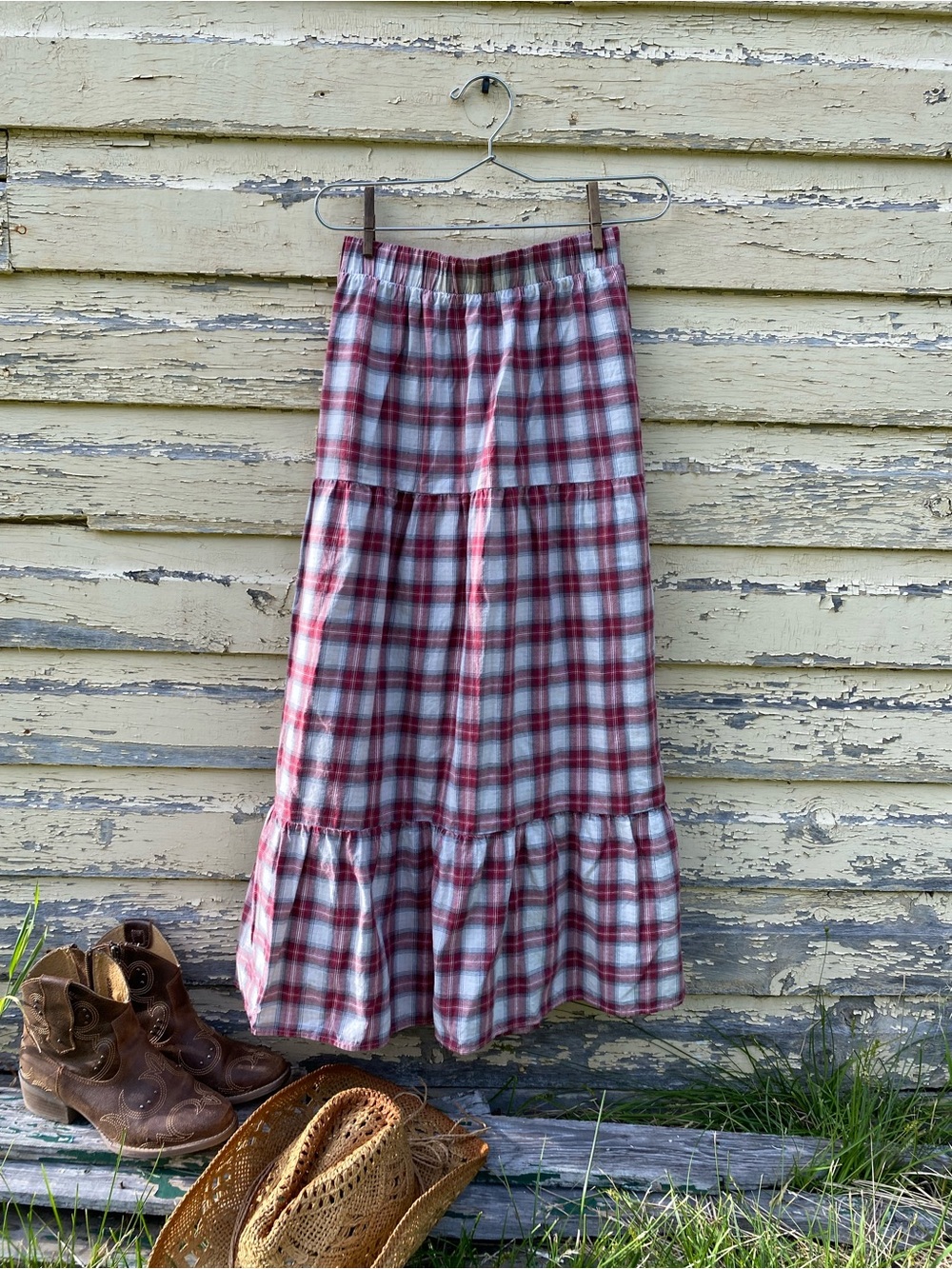 Plaid Tiered Maxi Skirt - Red and White